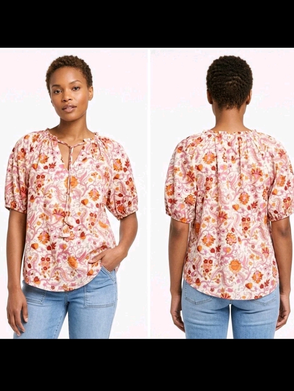 Knox Rose Women S Top Pink Orange Boho Floral Puff Short Sleeve Cotton Peasant